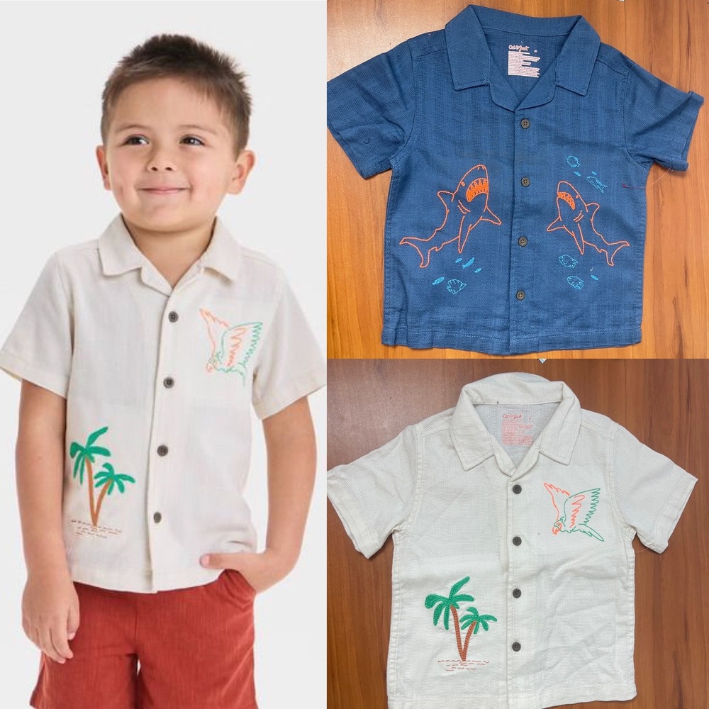 Lot of 2 Cat & Jack Toddler Boys Gauze Button Down Shirt Bundle Sharks Parrot 3T